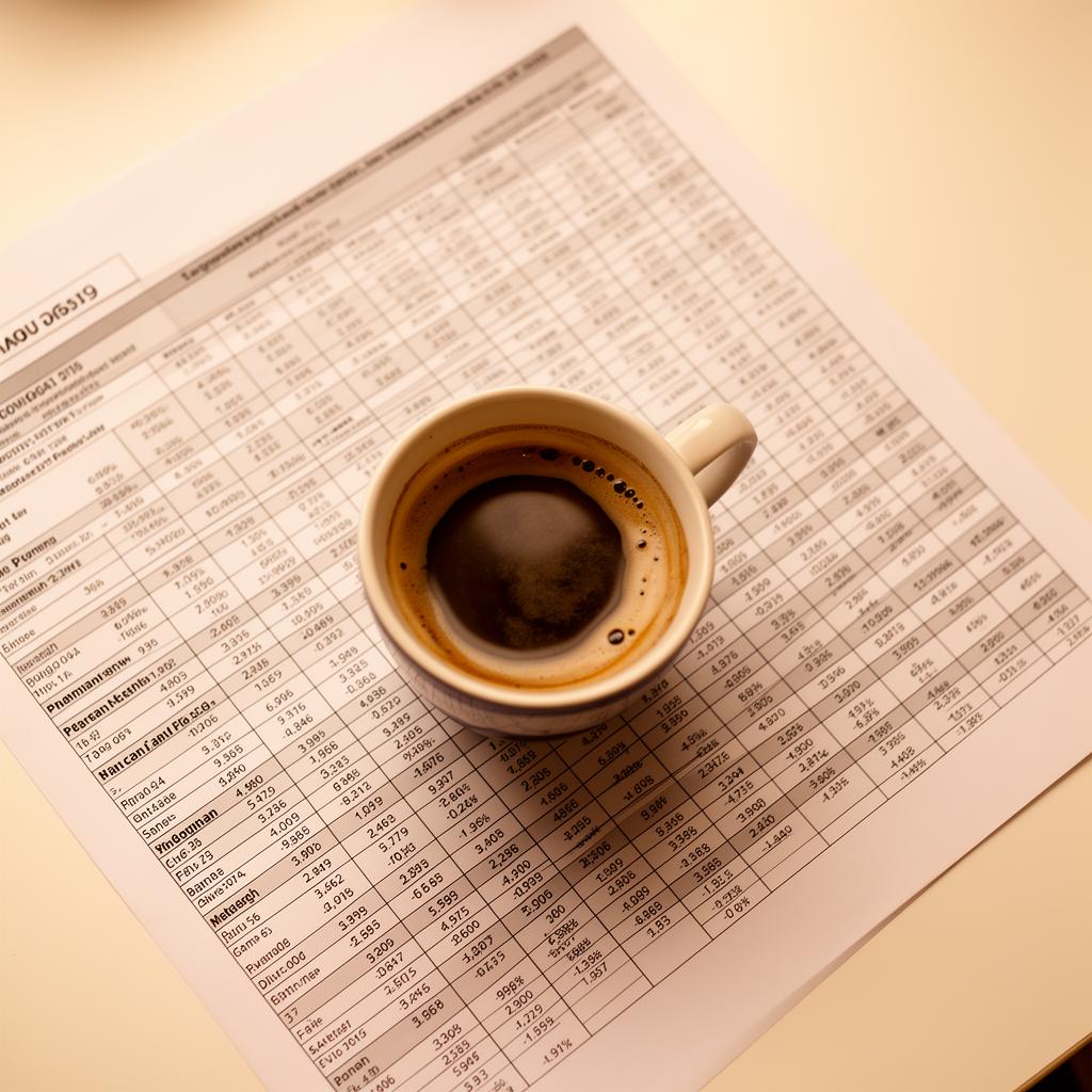 Coffee cup on top of financial reports